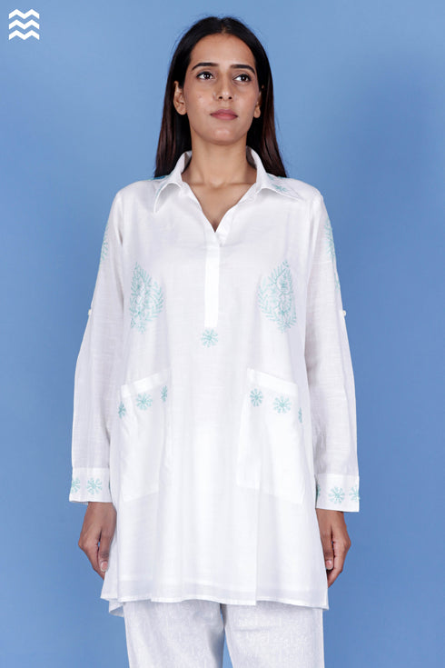 Slub Cotton Boyfriend Top With Chikankari Embroidery
